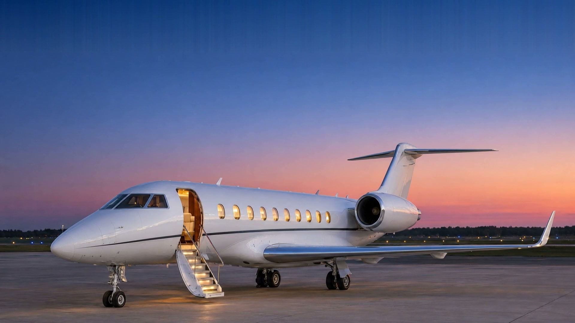 A white private jet waiting on the tarmac at dusk with its stairs down and the cabin lit